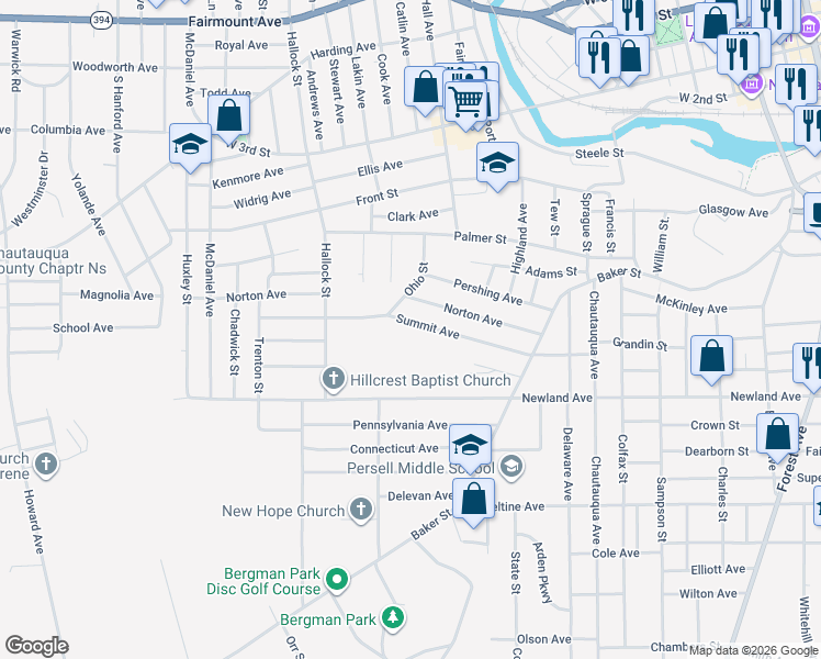 map of restaurants, bars, coffee shops, grocery stores, and more near 96 Summit Avenue in Jamestown