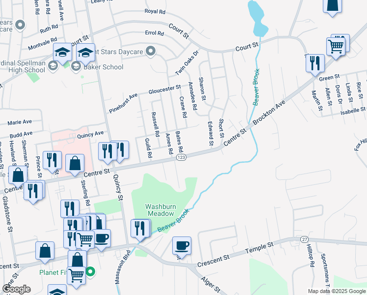 map of restaurants, bars, coffee shops, grocery stores, and more near 25 Bates Road in Brockton