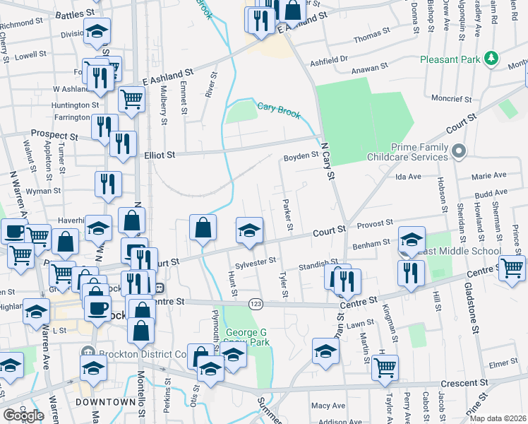 map of restaurants, bars, coffee shops, grocery stores, and more near 49 Taber Avenue in Brockton