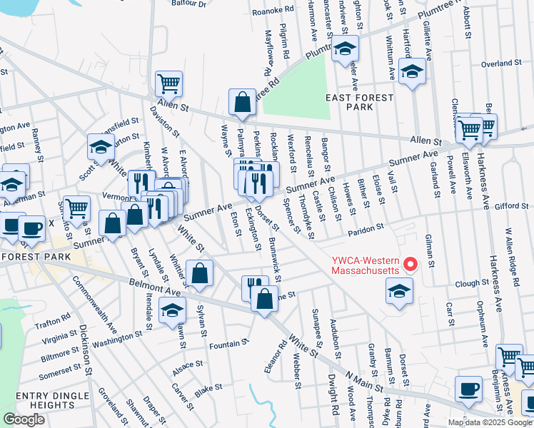 map of restaurants, bars, coffee shops, grocery stores, and more near 883 Sumner Avenue in Springfield