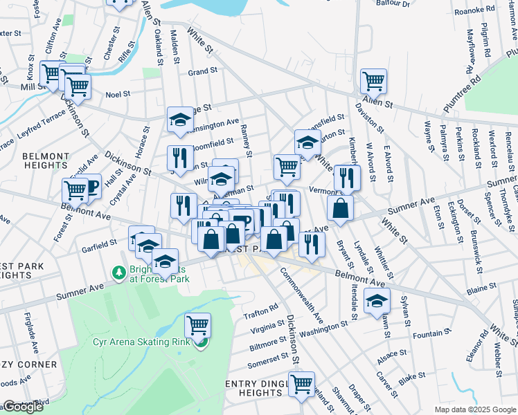 map of restaurants, bars, coffee shops, grocery stores, and more near 16-18 Sorrento Street in Springfield