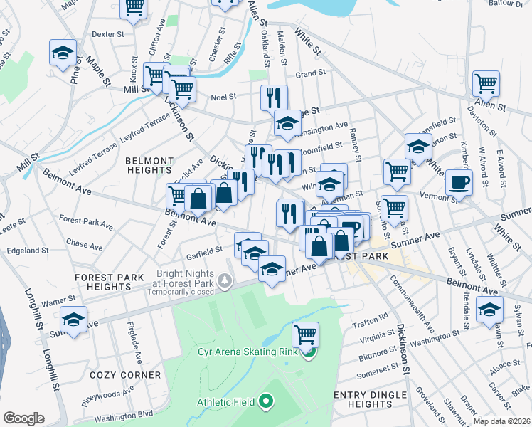 map of restaurants, bars, coffee shops, grocery stores, and more near 52 Kenwood Park in Springfield
