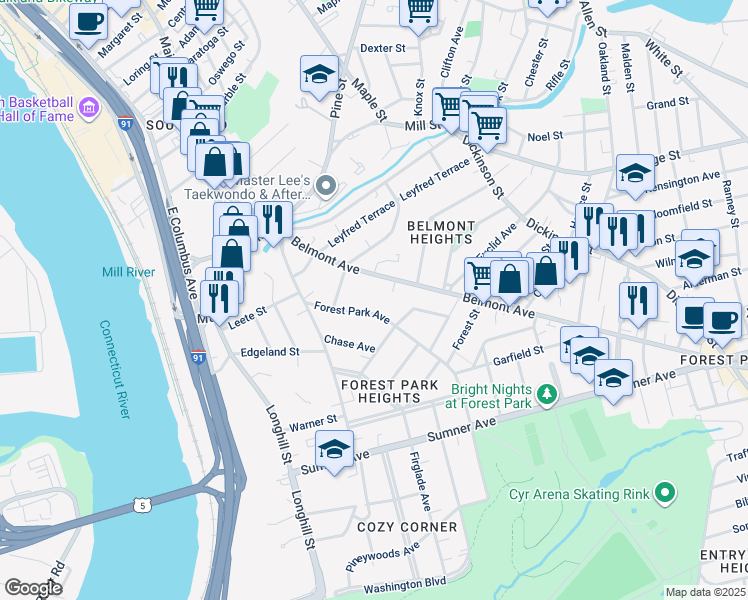 map of restaurants, bars, coffee shops, grocery stores, and more near 130-132 Belmont Avenue in Springfield