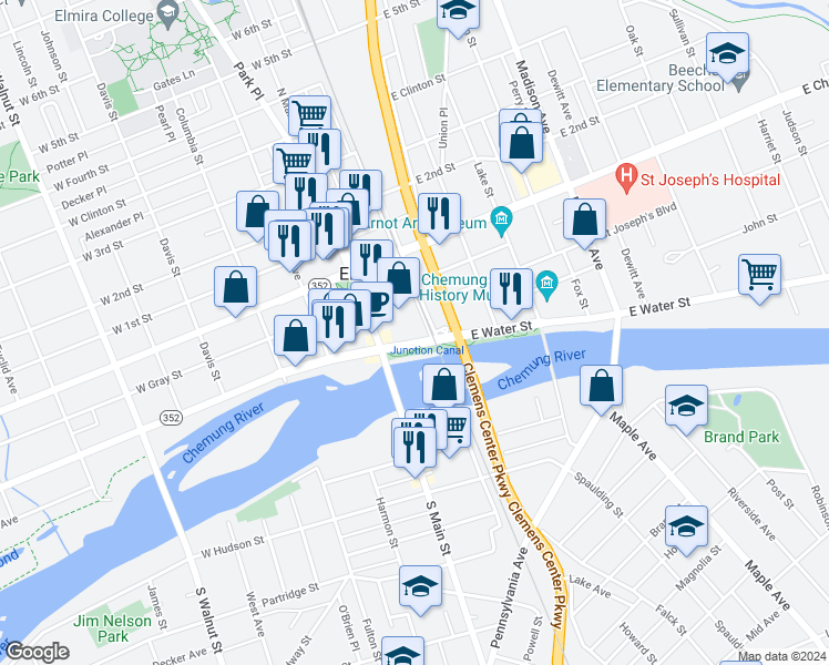 map of restaurants, bars, coffee shops, grocery stores, and more near 3 Clemens Square in Elmira