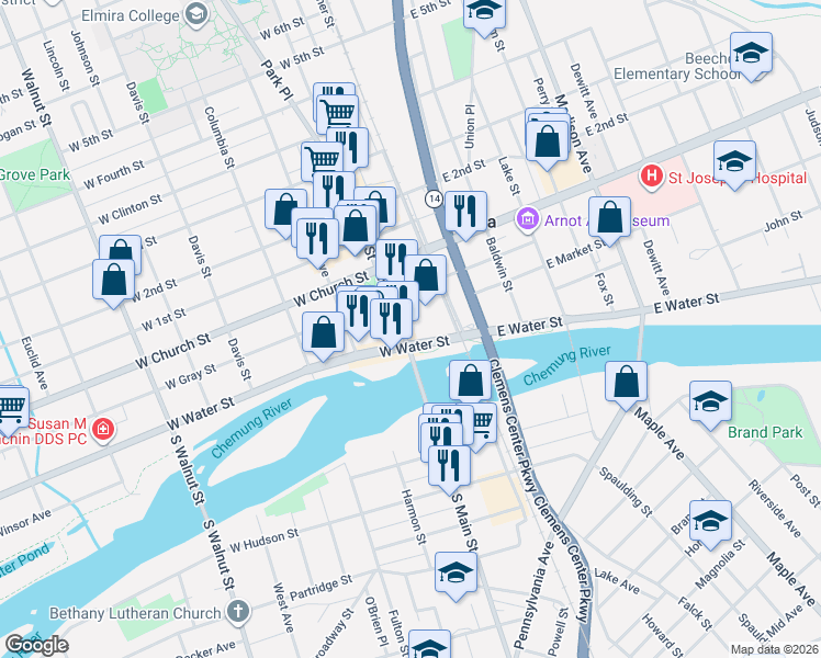 map of restaurants, bars, coffee shops, grocery stores, and more near 150 North Main Street in Elmira