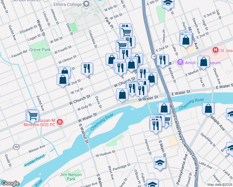 map of restaurants, bars, coffee shops, grocery stores, and more near 308 West Gray Street in Elmira