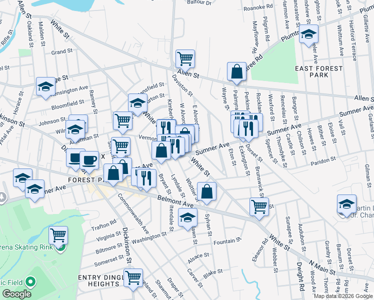 map of restaurants, bars, coffee shops, grocery stores, and more near 22 West Alvord Street in Springfield