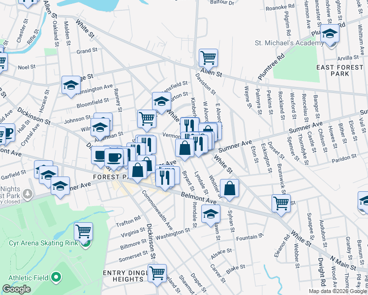 map of restaurants, bars, coffee shops, grocery stores, and more near 1 Buckler Street in Springfield