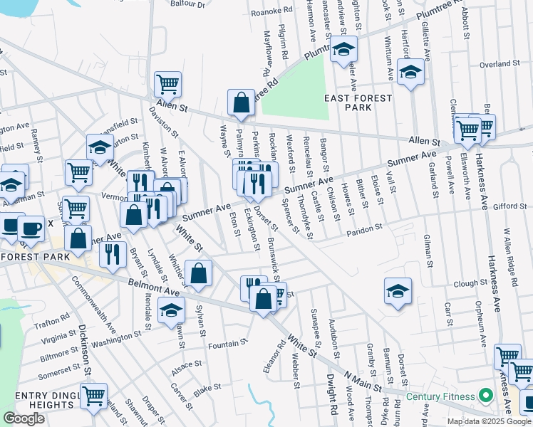 map of restaurants, bars, coffee shops, grocery stores, and more near 31-33 Dorset Street in Springfield