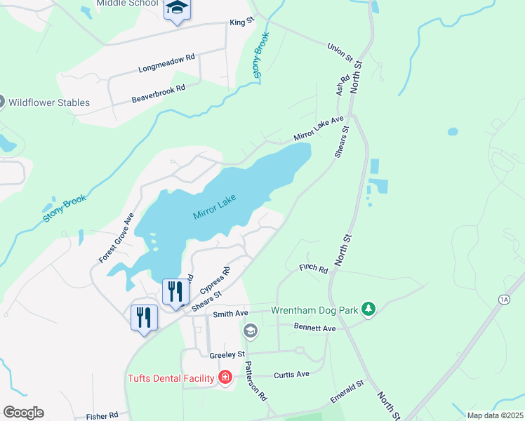 map of restaurants, bars, coffee shops, grocery stores, and more near 25 Kayshaw Road in Wrentham