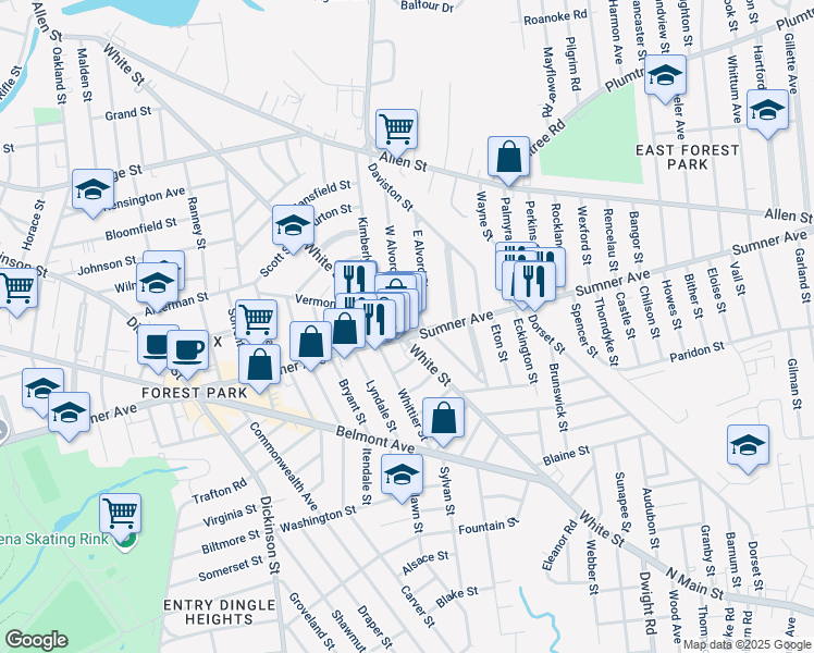 map of restaurants, bars, coffee shops, grocery stores, and more near 22 West Alvord Street in Springfield