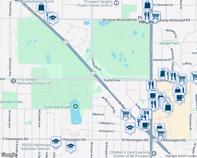 map of restaurants, bars, coffee shops, grocery stores, and more near E Rand Rd & W Euclid Ave in Mt Prospect