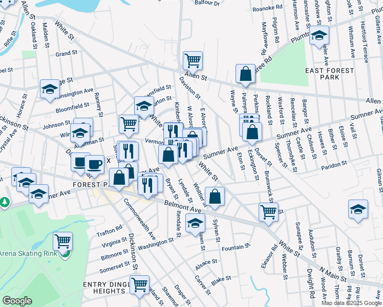 map of restaurants, bars, coffee shops, grocery stores, and more near 413 White Street in Springfield