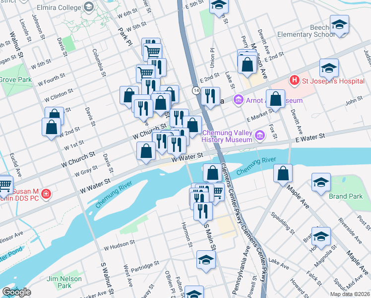 map of restaurants, bars, coffee shops, grocery stores, and more near 150 North Main Street in Elmira