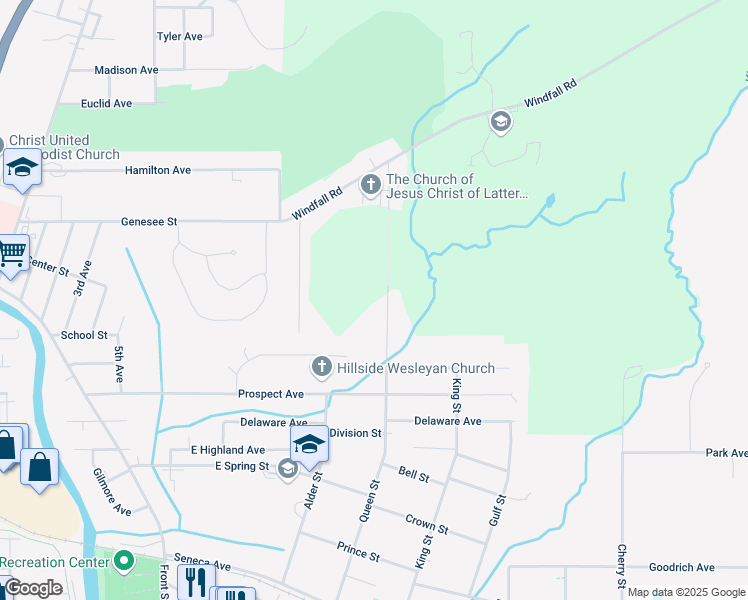 map of restaurants, bars, coffee shops, grocery stores, and more near 1220 Queen Street in Olean