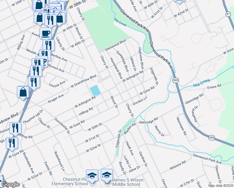 map of restaurants, bars, coffee shops, grocery stores, and more near 4818 Cherry Street in Erie