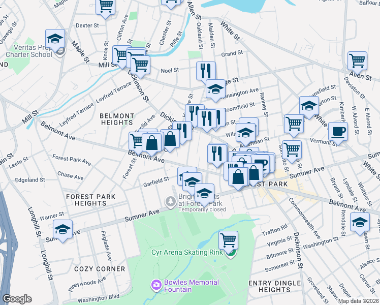 map of restaurants, bars, coffee shops, grocery stores, and more near 109 Oakland Street in Springfield