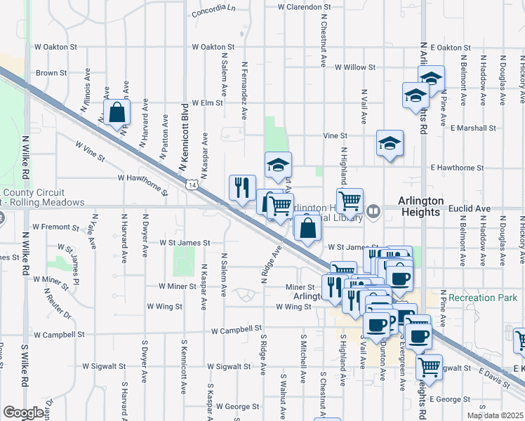 map of restaurants, bars, coffee shops, grocery stores, and more near 609 West Euclid Avenue in Arlington Heights