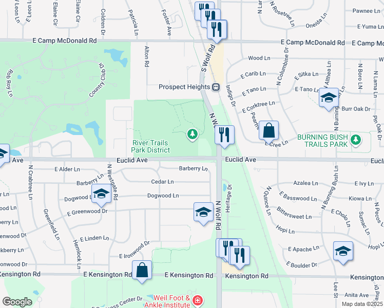 map of restaurants, bars, coffee shops, grocery stores, and more near 1600 Euclid Avenue in Mount Prospect