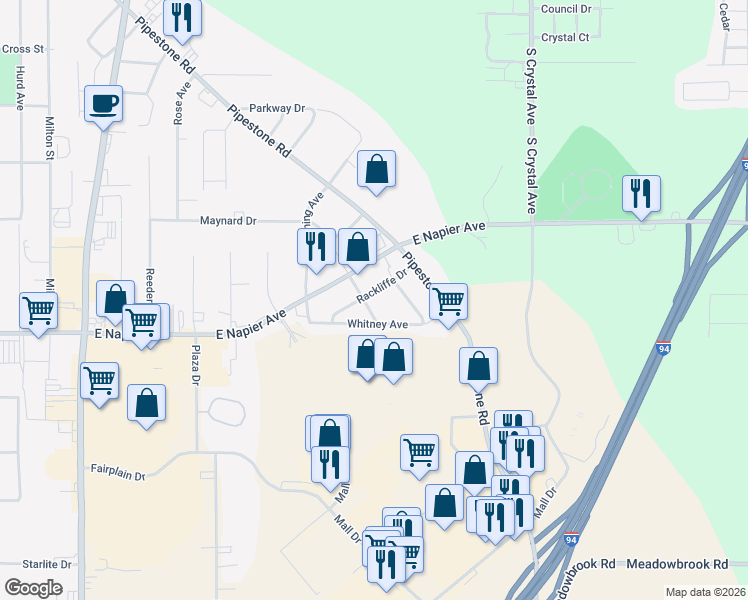 map of restaurants, bars, coffee shops, grocery stores, and more near 1418 Rackliffe Drive in Benton Harbor