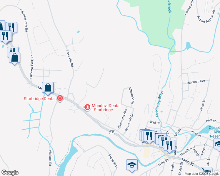 map of restaurants, bars, coffee shops, grocery stores, and more near 38 Ridge Hill Road in Sturbridge