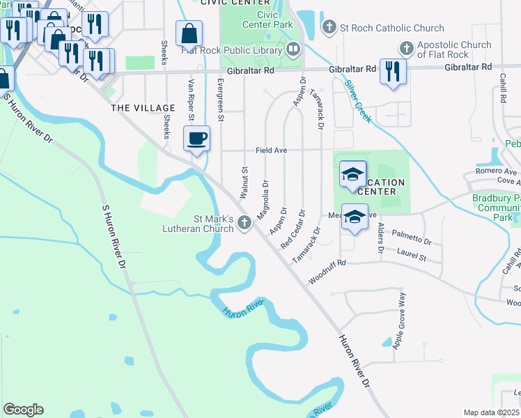 map of restaurants, bars, coffee shops, grocery stores, and more near 29794 Magnolia Drive in Flat Rock