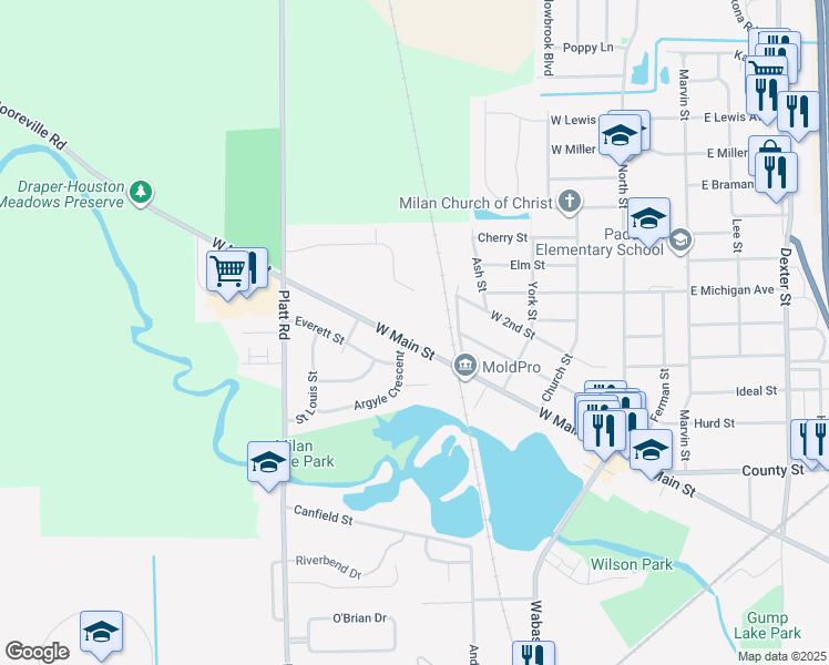map of restaurants, bars, coffee shops, grocery stores, and more near 368 West Main Street in Milan