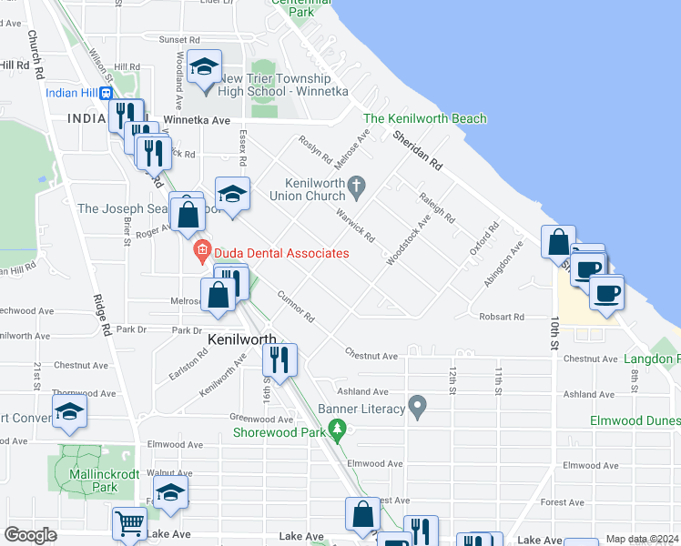 map of restaurants, bars, coffee shops, grocery stores, and more near 326 Essex Road in Kenilworth