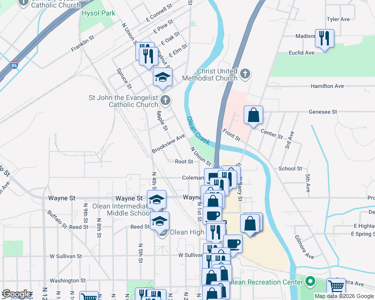 map of restaurants, bars, coffee shops, grocery stores, and more near 725 North Union Street in Olean