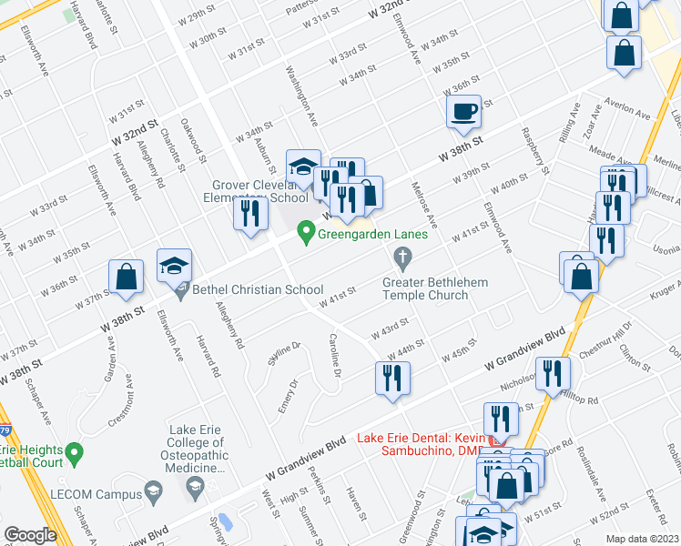 map of restaurants, bars, coffee shops, grocery stores, and more near 1561 West 40th Street in Erie