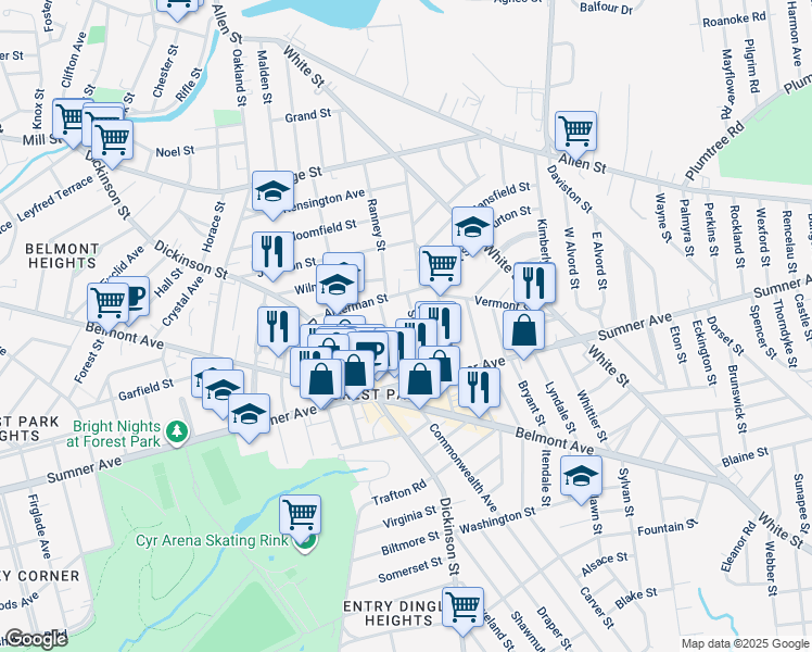 map of restaurants, bars, coffee shops, grocery stores, and more near 16-18 Sorrento Street in Springfield