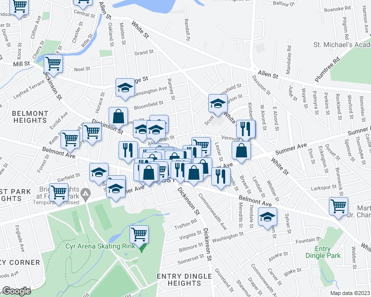 map of restaurants, bars, coffee shops, grocery stores, and more near 16-18 Sorrento Street in Springfield