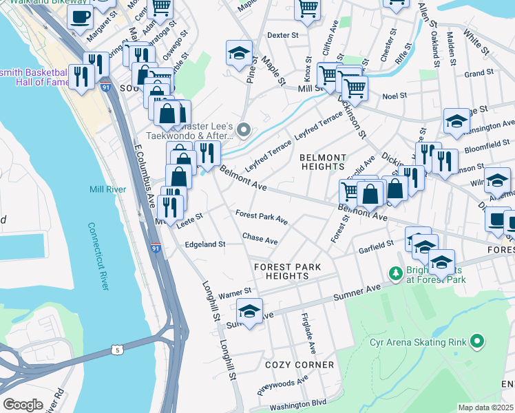 map of restaurants, bars, coffee shops, grocery stores, and more near 26 Woodside Terrace in Springfield