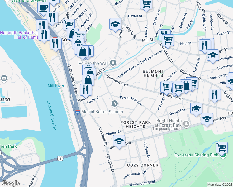 map of restaurants, bars, coffee shops, grocery stores, and more near 26 Woodside Terrace in Springfield