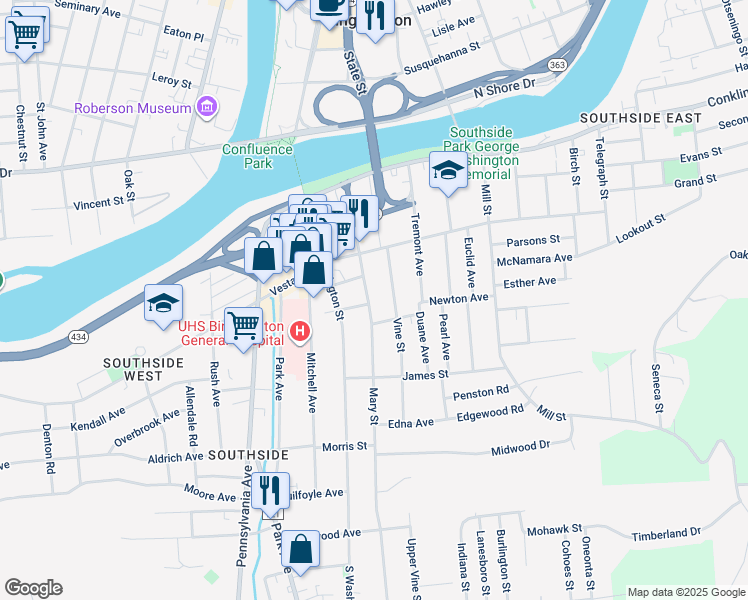 map of restaurants, bars, coffee shops, grocery stores, and more near 50 Mary Street in Binghamton