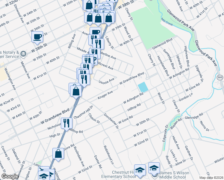 map of restaurants, bars, coffee shops, grocery stores, and more near 909-911 West Grandview Boulevard in Erie