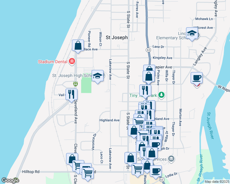 map of restaurants, bars, coffee shops, grocery stores, and more near 2609 Lakeview Avenue in St. Joseph
