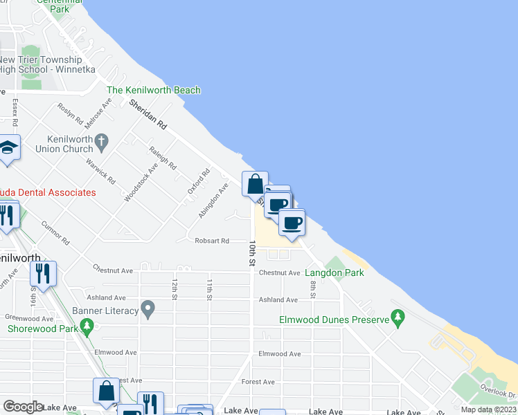 map of restaurants, bars, coffee shops, grocery stores, and more near 1630 Sheridan Road in Wilmette