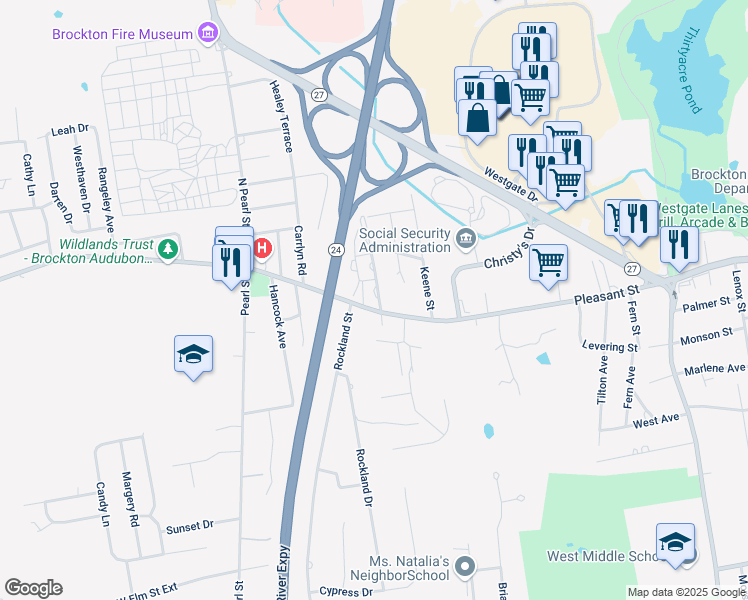 map of restaurants, bars, coffee shops, grocery stores, and more near 10 Westland Street in Brockton
