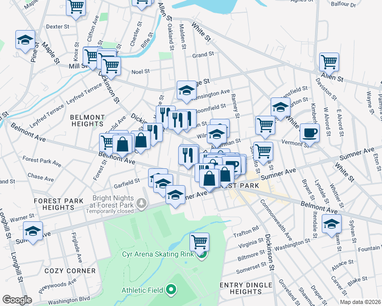 map of restaurants, bars, coffee shops, grocery stores, and more near 94 Beaumont Street in Springfield