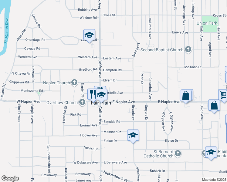 map of restaurants, bars, coffee shops, grocery stores, and more near 188 Helmar Court in Benton Harbor