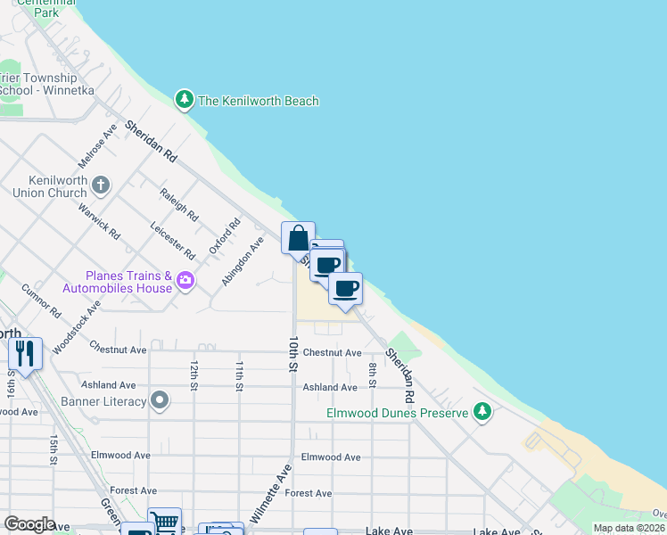 map of restaurants, bars, coffee shops, grocery stores, and more near 1616 Sheridan Road in Wilmette
