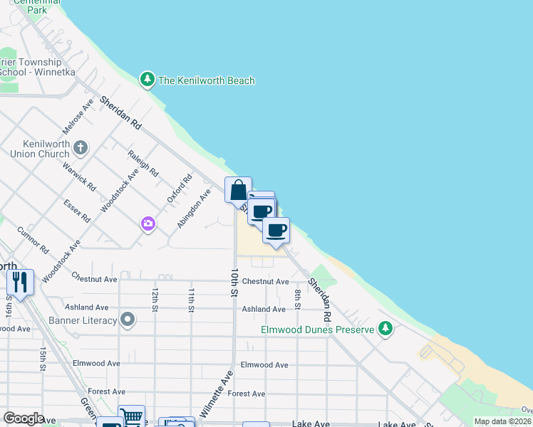 map of restaurants, bars, coffee shops, grocery stores, and more near 1616 Sheridan Road in Wilmette