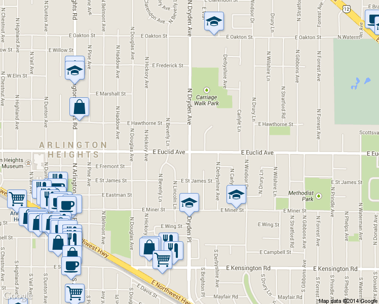 map of restaurants, bars, coffee shops, grocery stores, and more near E Euclid Ave & N Dryden Pl in Arlington Heights