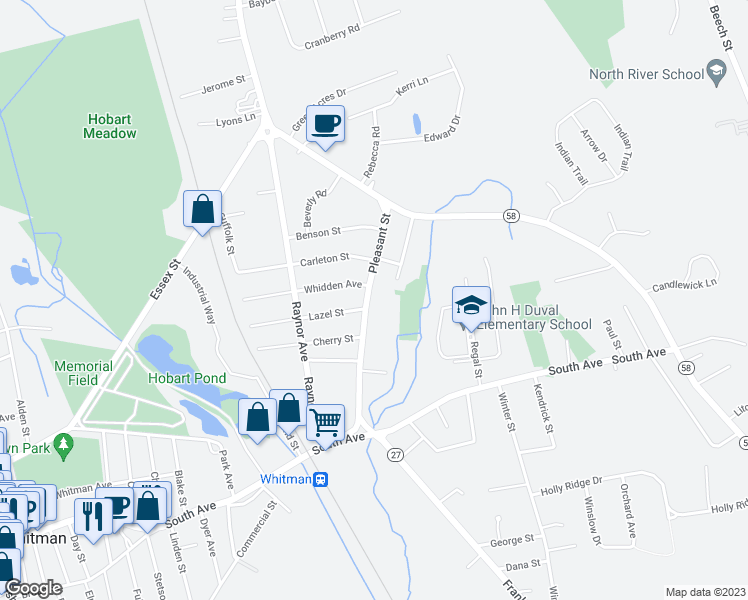 map of restaurants, bars, coffee shops, grocery stores, and more near 145 Pleasant Street in Whitman