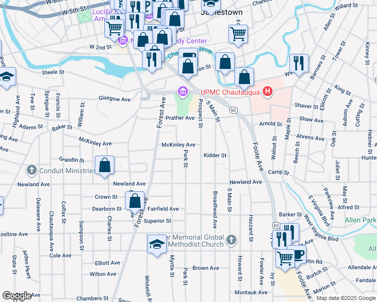 map of restaurants, bars, coffee shops, grocery stores, and more near 110 Prospect Street in Jamestown