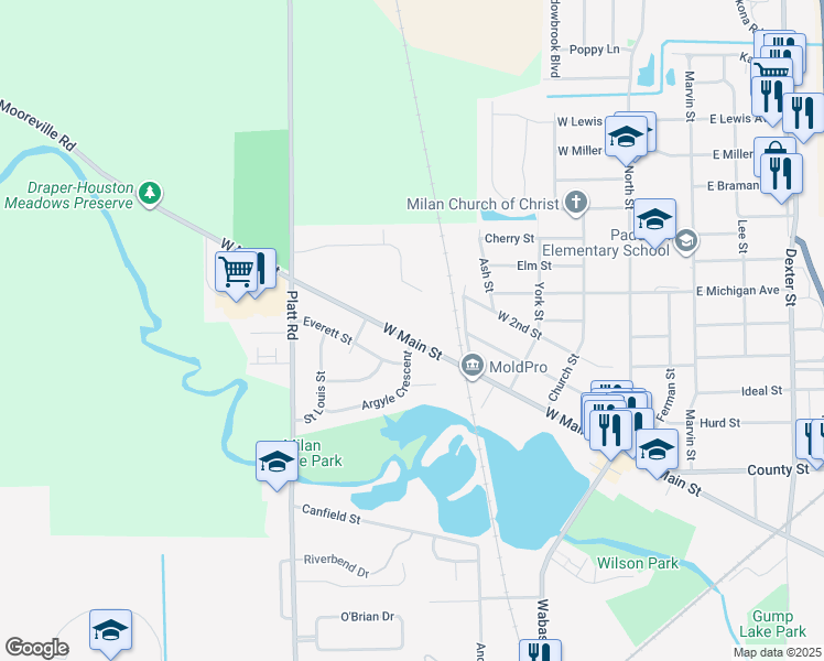 map of restaurants, bars, coffee shops, grocery stores, and more near 368 West Main Street in Milan