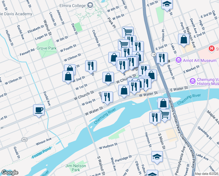 map of restaurants, bars, coffee shops, grocery stores, and more near 351 West Church Street in Elmira