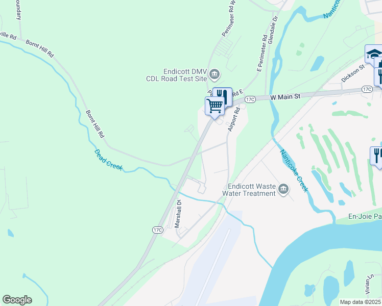 map of restaurants, bars, coffee shops, grocery stores, and more near 1251 Campville Road in Endicott