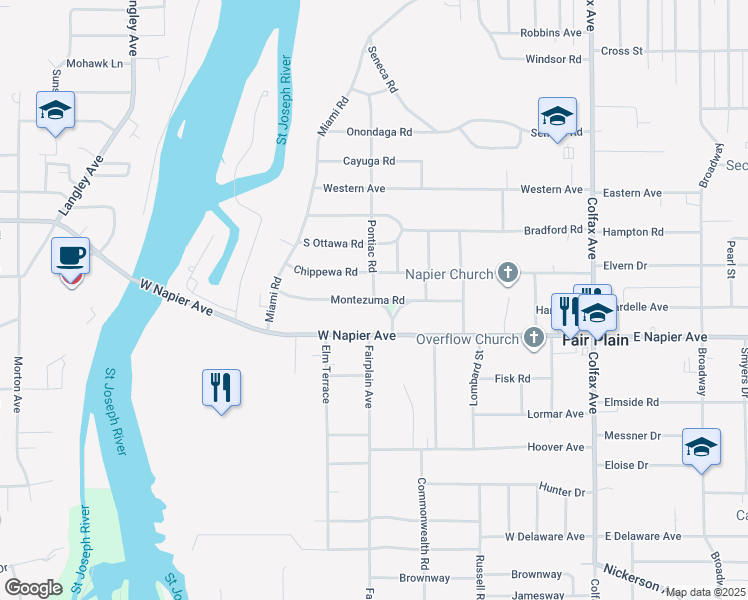 map of restaurants, bars, coffee shops, grocery stores, and more near 1669 Pontiac Road in Benton Harbor